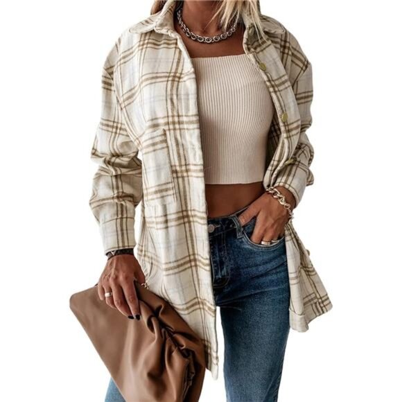 New Women's Fall Plaid Shacket Jacket Long Sleeve Button Down Flannel Shirts - Picture 1 of 7